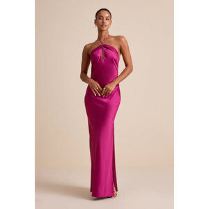 Lulus Gracie Magenta Satin Halter Neck Maxi Dress Pink - Size S